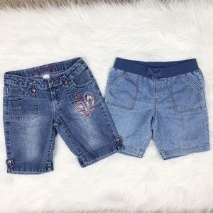 2 Pair Little Girl's Shorts Longer Length Modest Bermuda Blue Jean Denim Medium